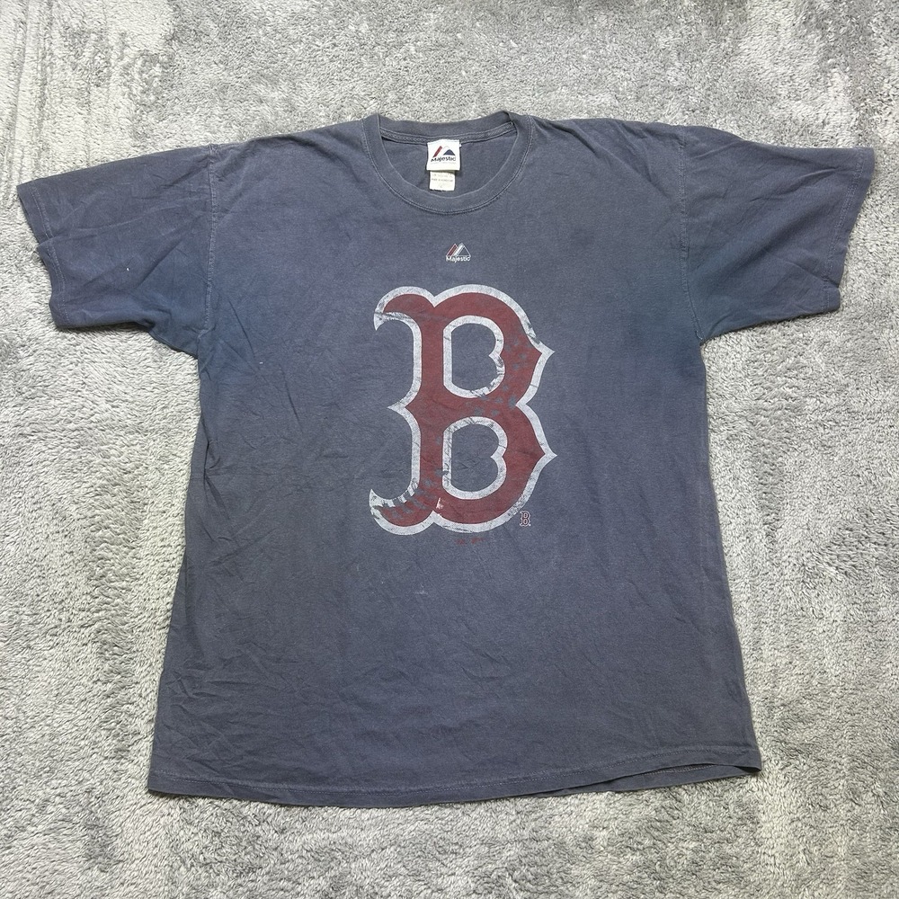 Boston Red Sox T Shirt Mens L Blue Majestic MLB Baseball 'B' Graphic Paint Splat